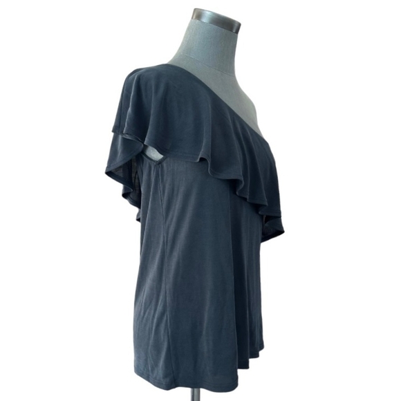 Women’s Top GREEN ENVELOPE Gray Ruffled One Shoulder Shirt Top Loose Fit Blouse - Picture 3 of 6